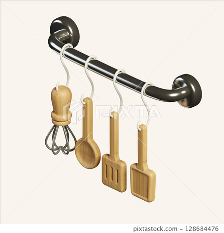 Isometric display of hanging kitchen utensils. 3D render illustration 128684476