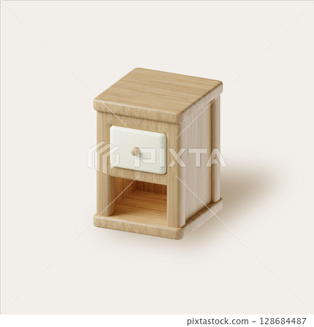 Minimalistic wooden nightstand for modern bedroom setups. 3D render illustration 128684487