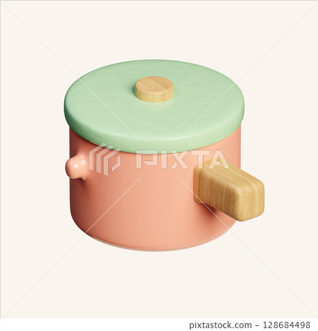 Minimal cooking pot in isometric style with wooden handle. 3D render illustration Minimal cooking pot in isometric style with wooden handle. 3D render illustration 128684498