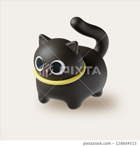 Cute playful black cat figurine design minimal 3D render illustration Cute playful black cat figurine design minimal 3D render illustration 128684515