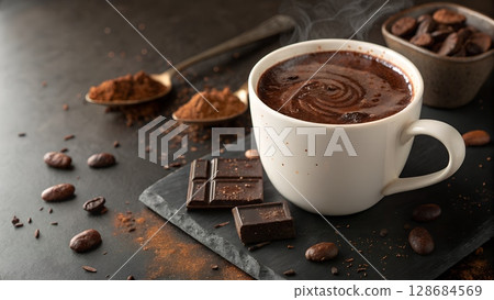 Steaming mug of delicious hot chocolate with dark cocoa, cocoa beans, and chocolate pieces 128684569