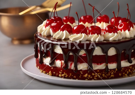Tempting red velvet cake with dripping chocolate and cherries for a sweet dessert treat 128684570