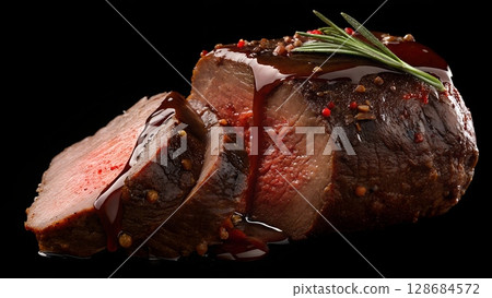 Juicy medium rare beef tenderloin steak drizzled with rich sauce and rosemary on a black background 128684572