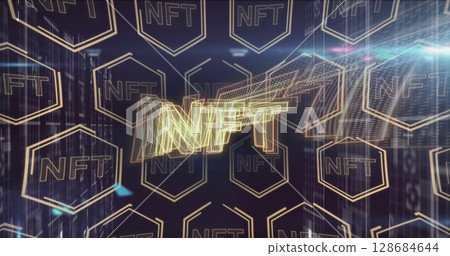 Image of nft over nft in hexagons over navy background Image of nft over nft in hexagons over navy background 128684644