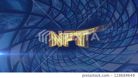 Image of nft over tunnel made of blue digital screens Image of nft over tunnel made of blue digital screens 128684649