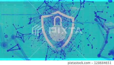 Image of digital shield with padlock over connections on blue background 128684651