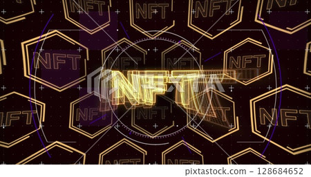 Scope scanning over multiple nft symbols floating against black background 128684652