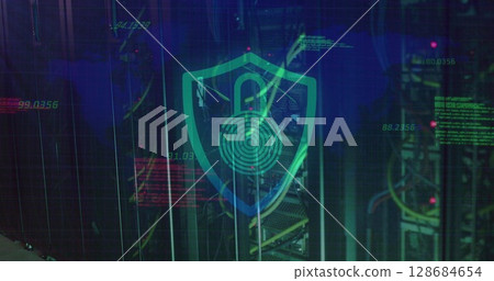 Numbers floating over security padlock and shield icon against close up of a computer server 128684654