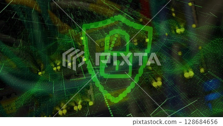 Security shield and padlock icon against close up of a computer server Security shield and padlock icon against close up of a computer server 128684656