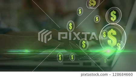 Dollar symbols over multiple round scanners against close up of person hands using a laptop Dollar symbols over multiple round scanners against close up of person hands using a laptop 128684660