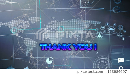 Image of thank you text over network of connections and world map Image of thank you text over network of connections and world map 128684697