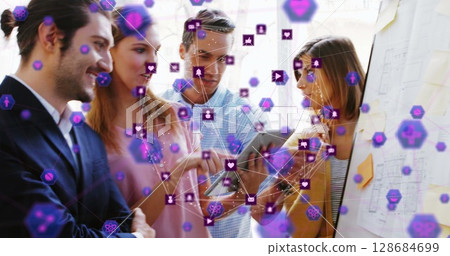 Image of network of connections over diverse business people in office 128684699