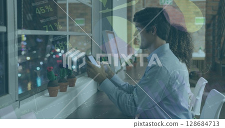 Image of data processing over diverse business people in office 128684713