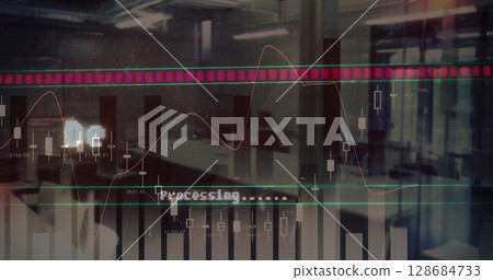 Image of deleting files text over financial data processing and empty office Image of deleting files text over financial data processing and empty office 128684733