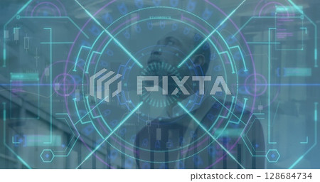 Image of data processing and scope scanning over african amercian businessman Image of data processing and scope scanning over african amercian businessman 128684734