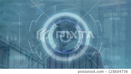 Image of data processing and scope scanning over african amercian businessman Image of data processing and scope scanning over african amercian businessman 128684736