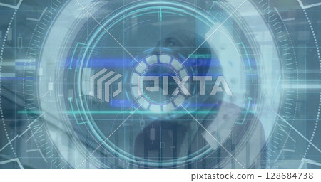 Image of data processing and scope scanning over african amercian businessman Image of data processing and scope scanning over african amercian businessman 128684738