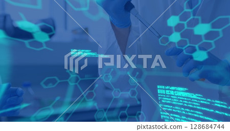 Image of data processing and chemical formula over diverse scientists in lab 128684744