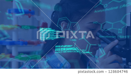 Image of data processing and chemical formula over biracial schoolgirl 128684746