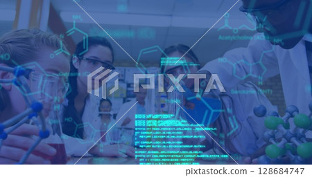 Image of data processing and chemical formula over diverse schoolchildren and teacher Image of data processing and chemical formula over diverse schoolchildren and teacher 128684747