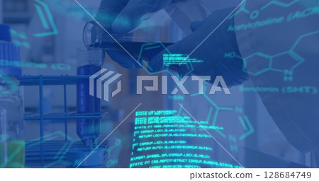 Image of data processing and chemical formula over scientist in lab 128684749