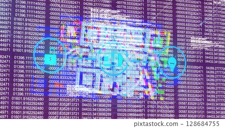 Image of network of connections over data processing on black background Image of network of connections over data processing on black background 128684755
