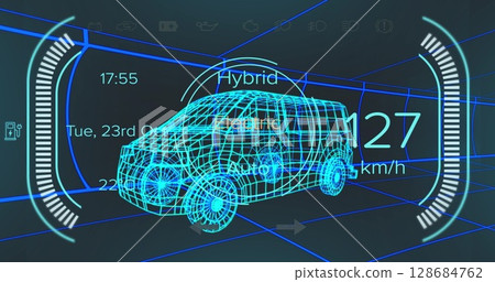 Image of car interface over digital van model on black background 128684762