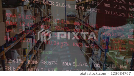 Image of stock market and financial data processing over empty warehouse Image of stock market and financial data processing over empty warehouse 128684767