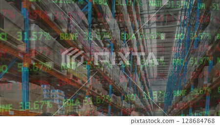 Image of stock market and financial data processing over empty warehouse Image of stock market and financial data processing over empty warehouse 128684768