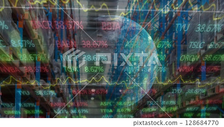 Image of stock market and globe over empty warehouse 128684770