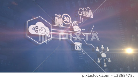 Image of business icons and light spots over blue background Image of business icons and light spots over blue background 128684783