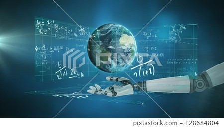 Image of robot's hand over globe and scientific data processing over screens Image of robot's hand over globe and scientific data processing over screens 128684804