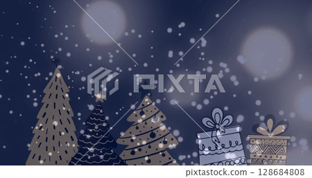 Image of snow falling over christmas trees and presents in winter scenery 128684808