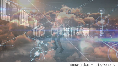 Image of data processing over clouds and caucasian sportsman jumping rope 128684819