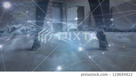 Image of data processing over clouds and biracial sportsman exercising at gym 128684822