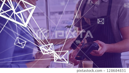 Image of envelope icons over caucasian woman paying with smartphone 128684831