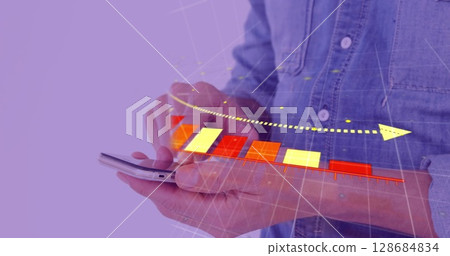 Image of data processing over caucasian man using smartphone 128684834