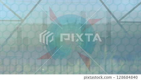 Image of data processing over grass and shapes 128684840