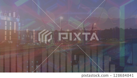 Image of data processing over cityscape and digital tunnel Image of data processing over cityscape and digital tunnel 128684841