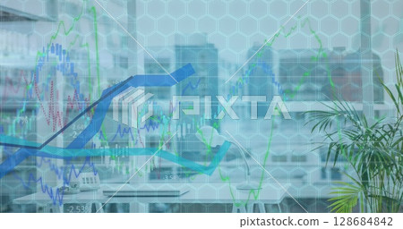 Image of data processing over cityscape and shapes 128684842