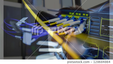 Image of server room over caucasian boy using vr headset Image of server room over caucasian boy using vr headset 128684864