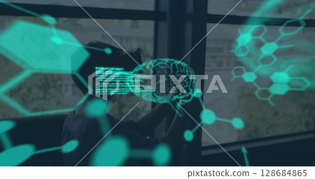 Image of data processing over caucasian boy using vr headset Image of data processing over caucasian boy using vr headset 128684865
