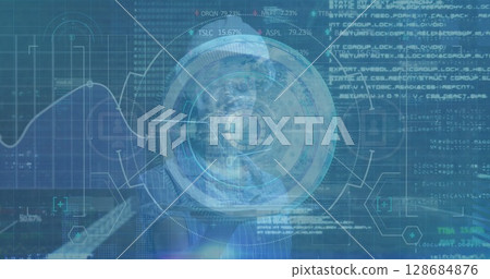 Image of data processing over caucasian female worker Image of data processing over caucasian female worker 128684876