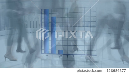 Image of pie chart over timelapse with legs of diverse businesspeople walking in office 128684877