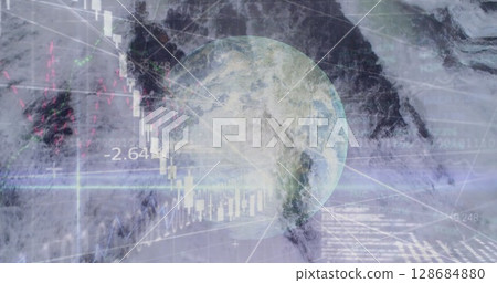 Image of financial graphs and data over globe and sea 128684880