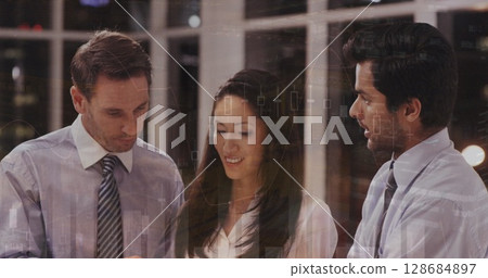 Image of financial graphs over diverse businesspeople talking in office 128684897