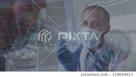 Showing doctor wearing mask, gloves holding vaccine vial in lab with stock-market chart overlays Showing doctor wearing mask, gloves holding vaccine vial in lab with stock-market chart overlays 128684913