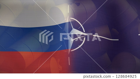 Image of flags of russia and nato over barrels with radioactive symbol Image of flags of russia and nato over barrels with radioactive symbol 128684925