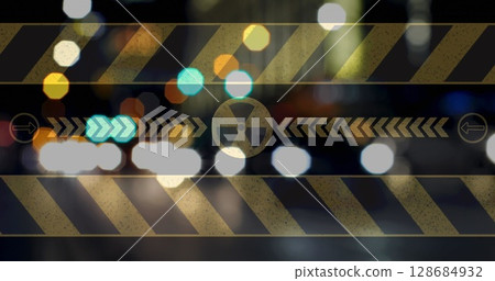 Image of nuclear symbol over cityscape 128684932