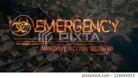 Image of biohazard symbol and emergency text over cityscape 128684933